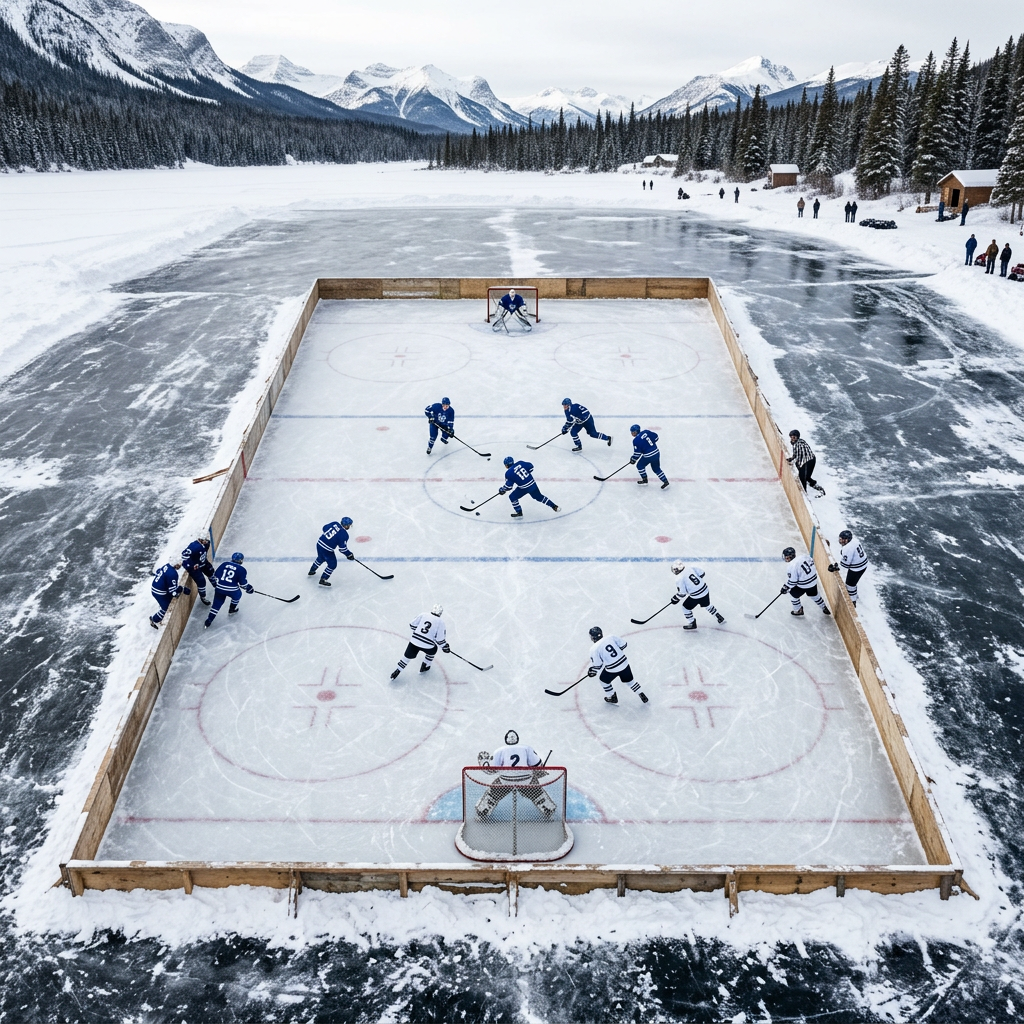 Outdoor hockey game on a rink built on a frozen lake with snow and mountains surrounding