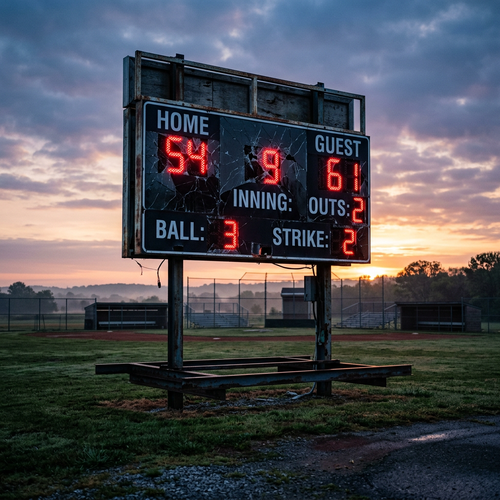 A cracked baseball scoreboard showing home 54, guest 61, inning 9, outs 2, ball 3, strike 2 at sunrise
