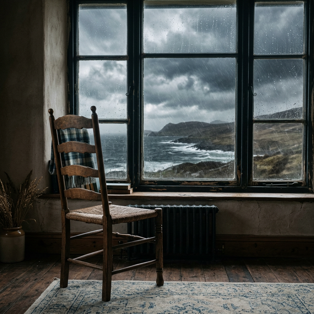 Wooden chair inside room facing window with stormy ocean and rain outside