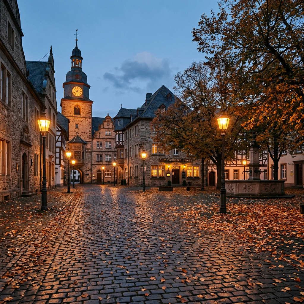 Cobblestone town square with historic buildings, clock tower, street lamps, and autumn trees