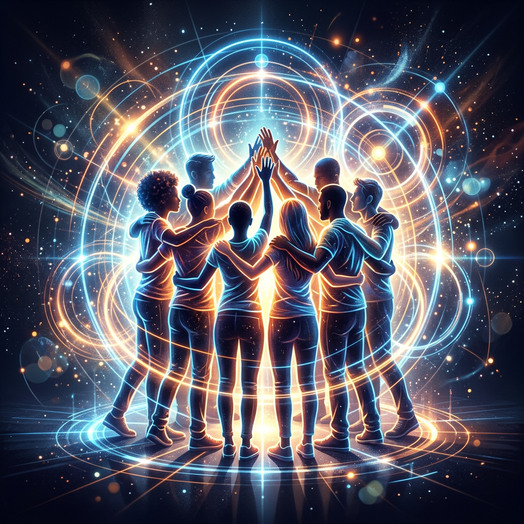 Seven diverse individuals standing in a circle with arms around each other and hands raised, surrounded by glowing interconnected cosmic circles