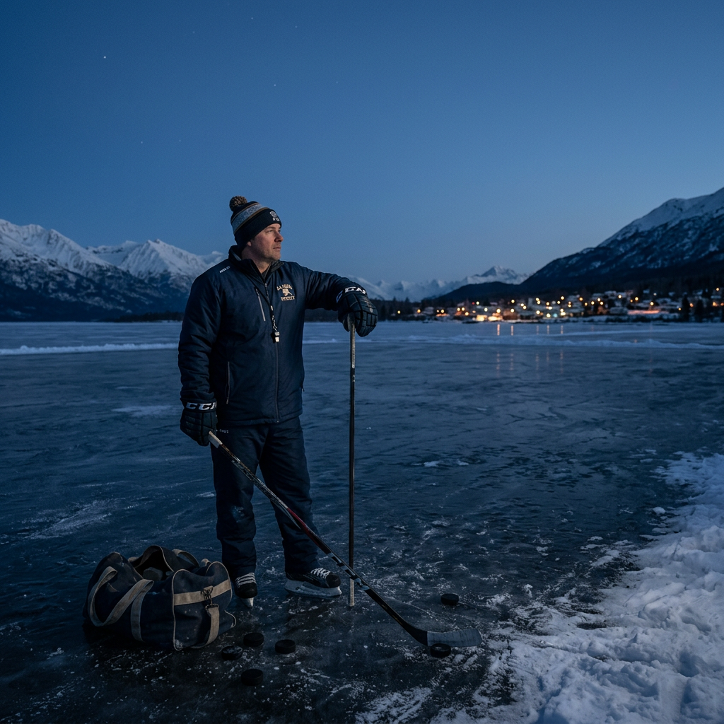 Man in winter clothing standing on a frozen lake with hockey stick and pucks