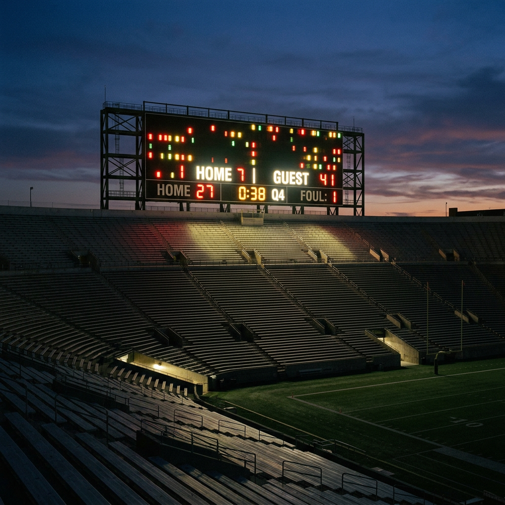 Football stadium scoreboard displaying Home 27, Guest 41, 38 seconds left in fourth quarter.