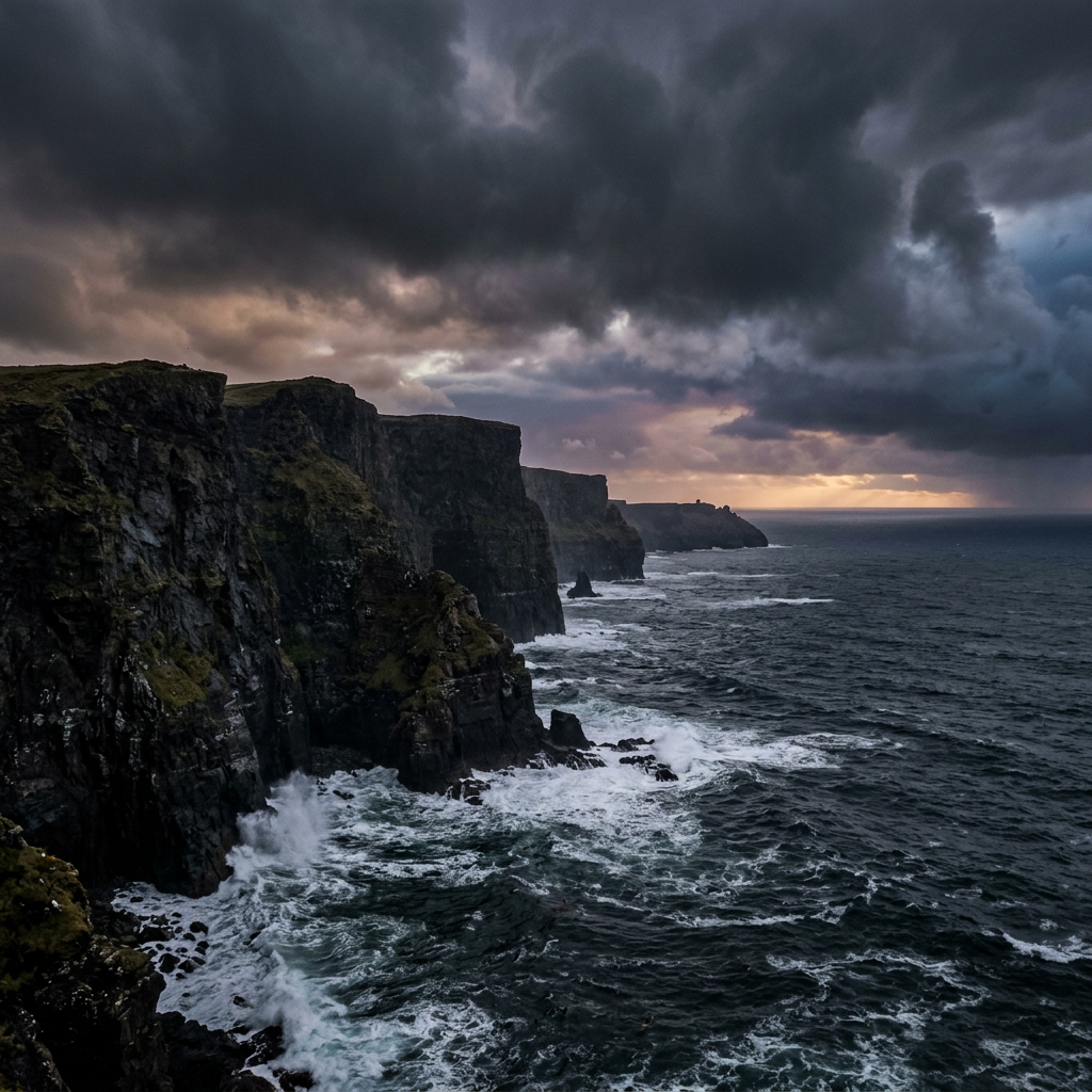 Rugged cliffs along stormy coastline with waves crashing below