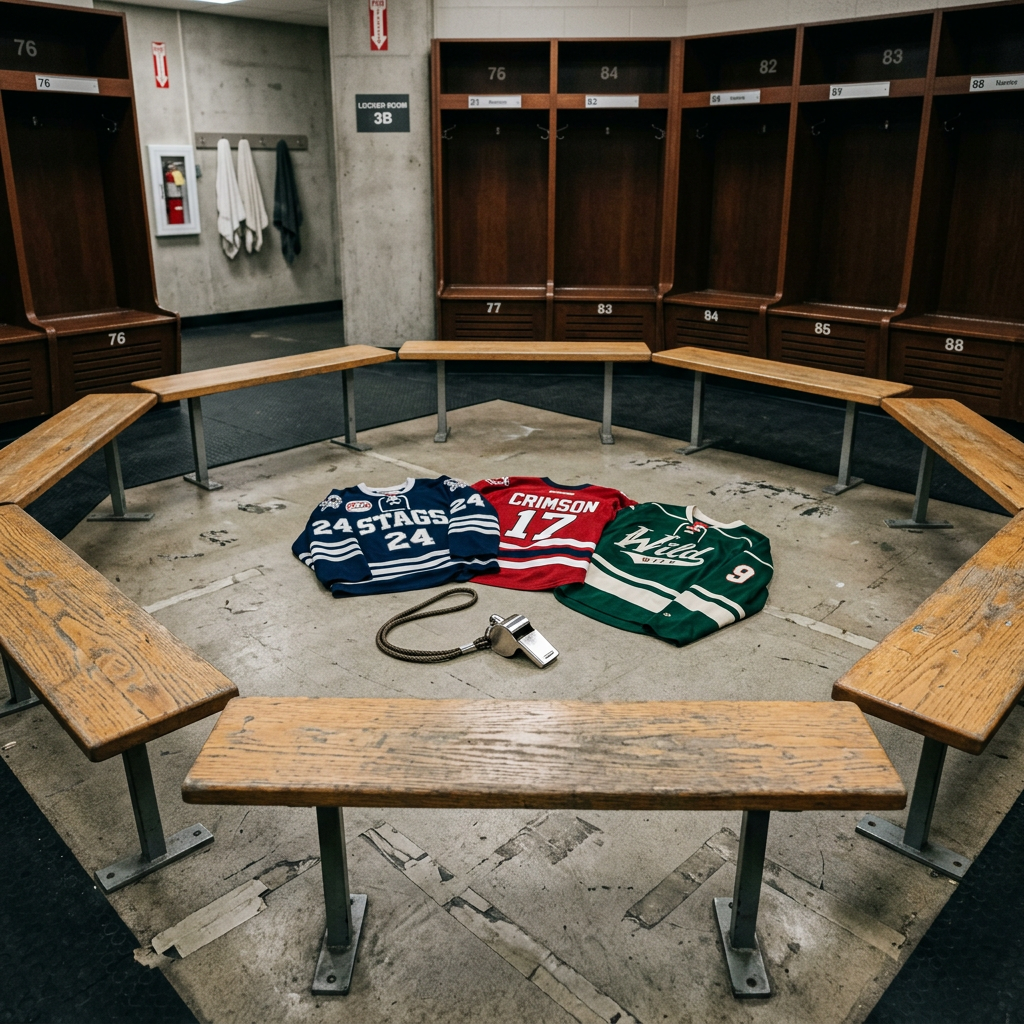 Three hockey jerseys and a whistle on the floor inside a wooden bench circle in a locker room
