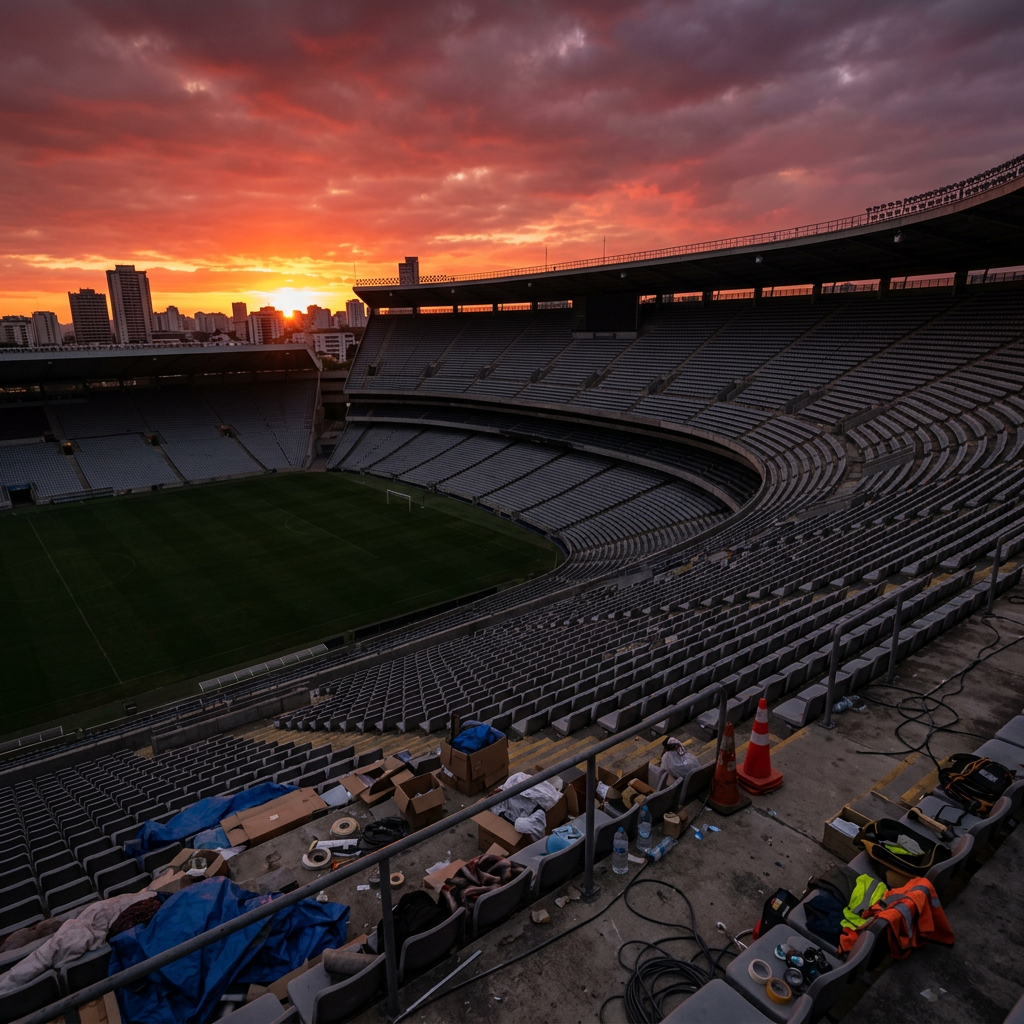Empty football stadium seats with field and sunset sky