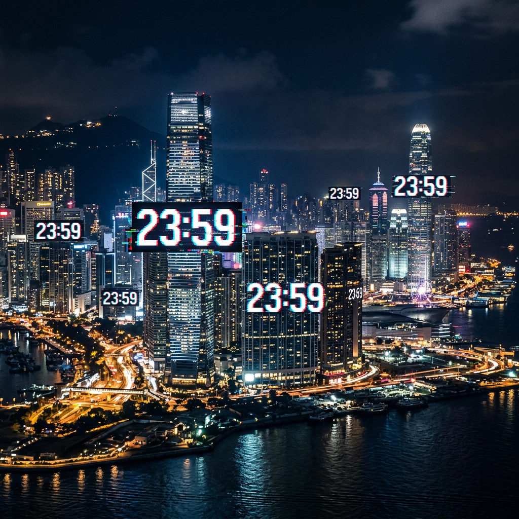 Night city skyline with glowing digital clocks showing 23:59 above buildings