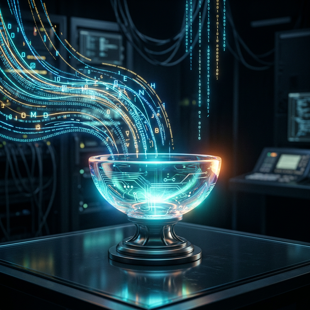 Glass bowl emitting streams of binary code and digital symbols in a dark technology environment
