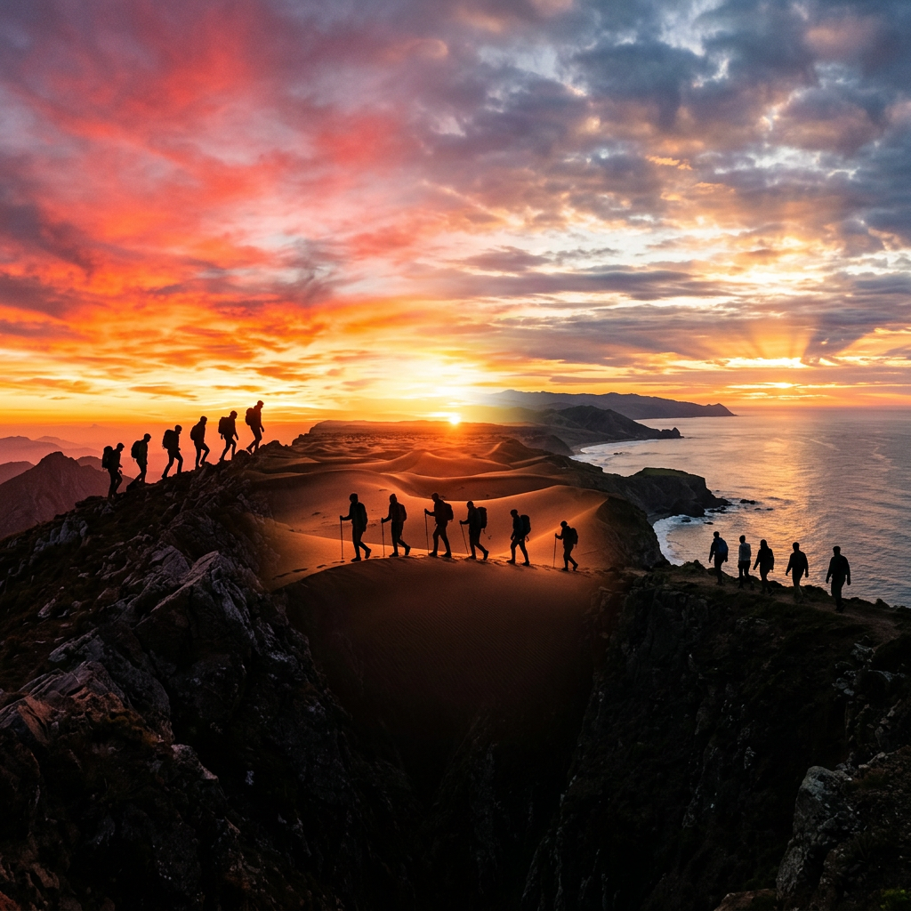 Group of hikers walking along mountain ridges and sandy desert dunes at sunset