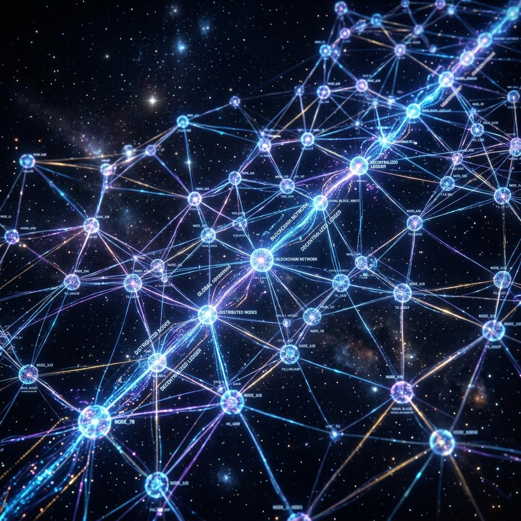 Visual representation of interconnected blockchain nodes forming a decentralized network