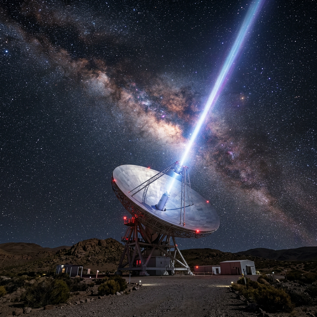 Radio telescope dish pointing upward emitting a bright blue beam with the Milky Way galaxy in the background
