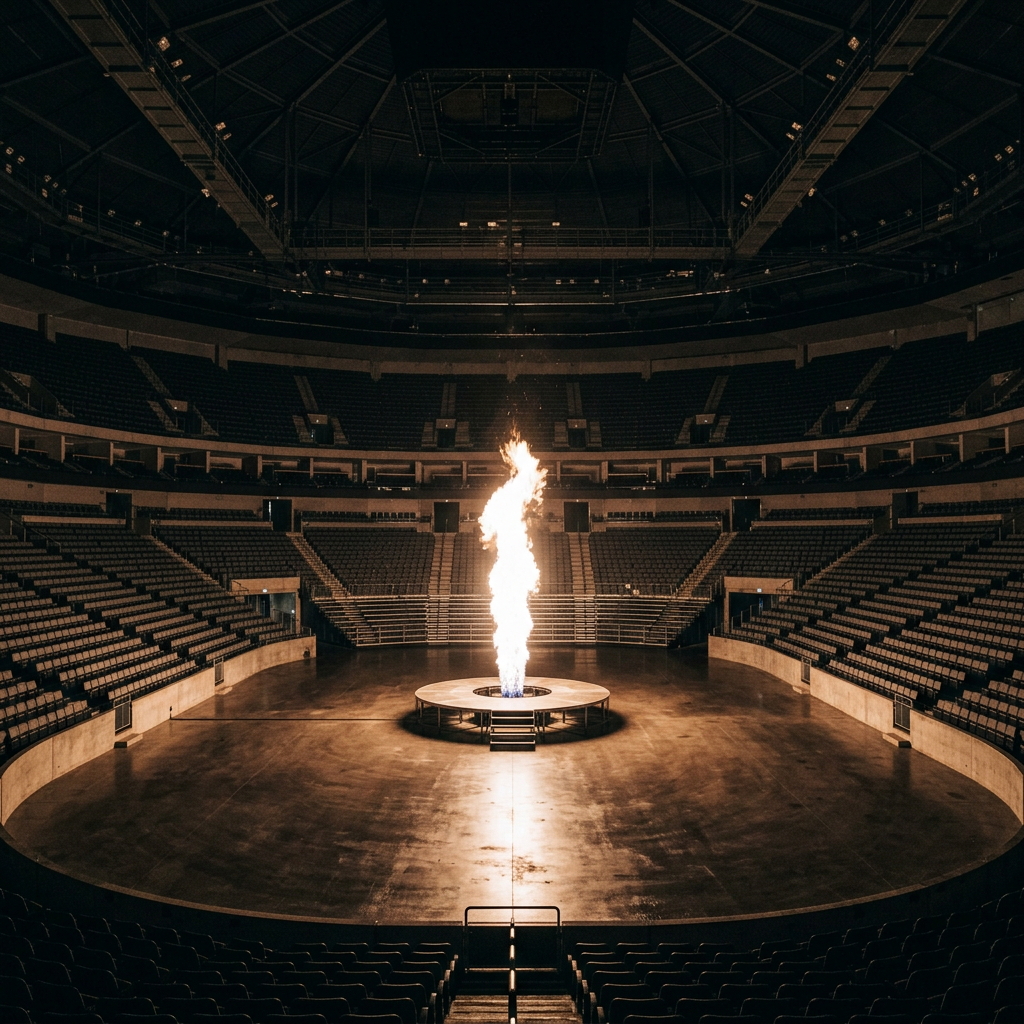 Flame burning in the middle of an empty circular arena with tiered seating