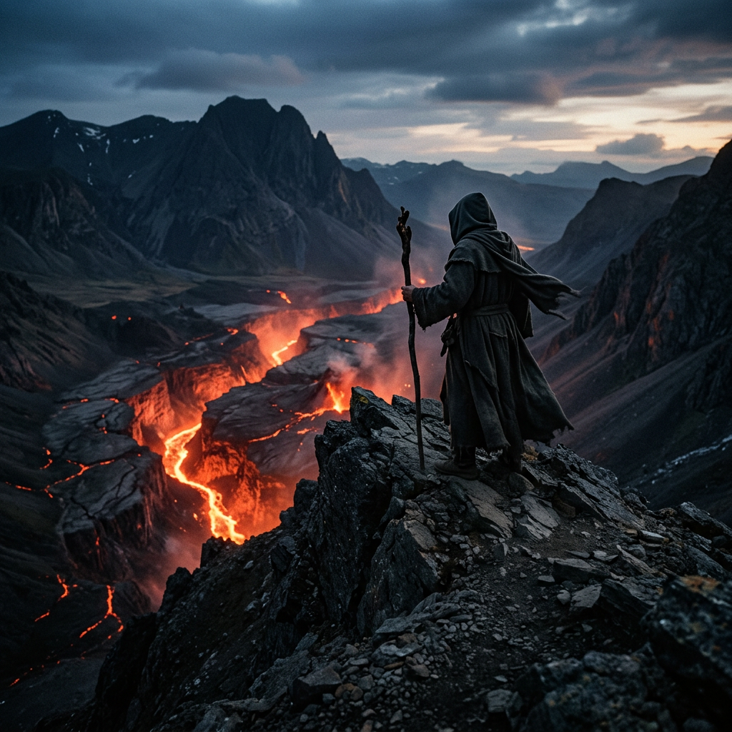 Hooded figure holding staff overlooking flowing lava river in mountainous terrain