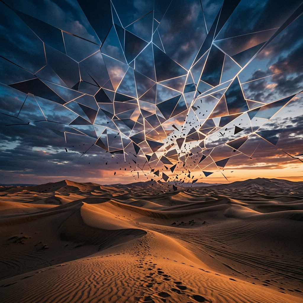 Desert sand dunes under a fragmented glass-like sky at sunset