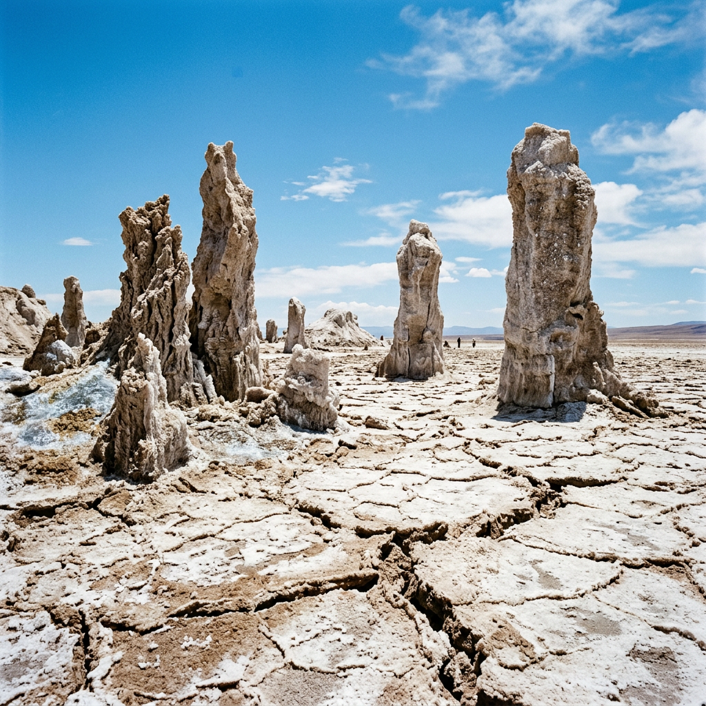 Tall salt pillars on cracked desert ground under clear blue sky with some clouds