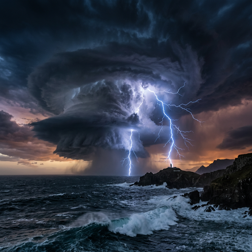 Lightning strikes near a lighthouse during a storm over the ocean with swirling dark clouds.