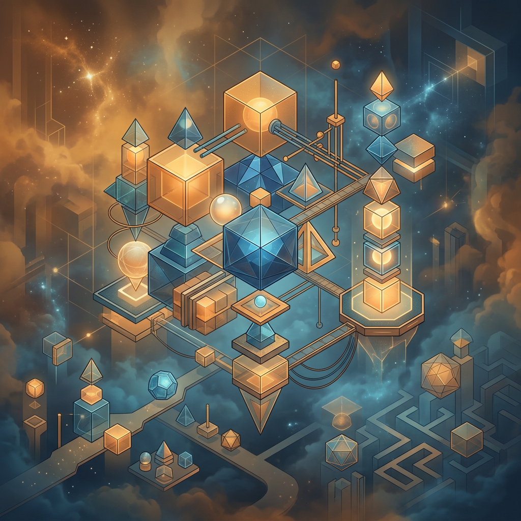 Floating interconnected geometric shapes including cubes, pyramids, and spheres in a space-like background