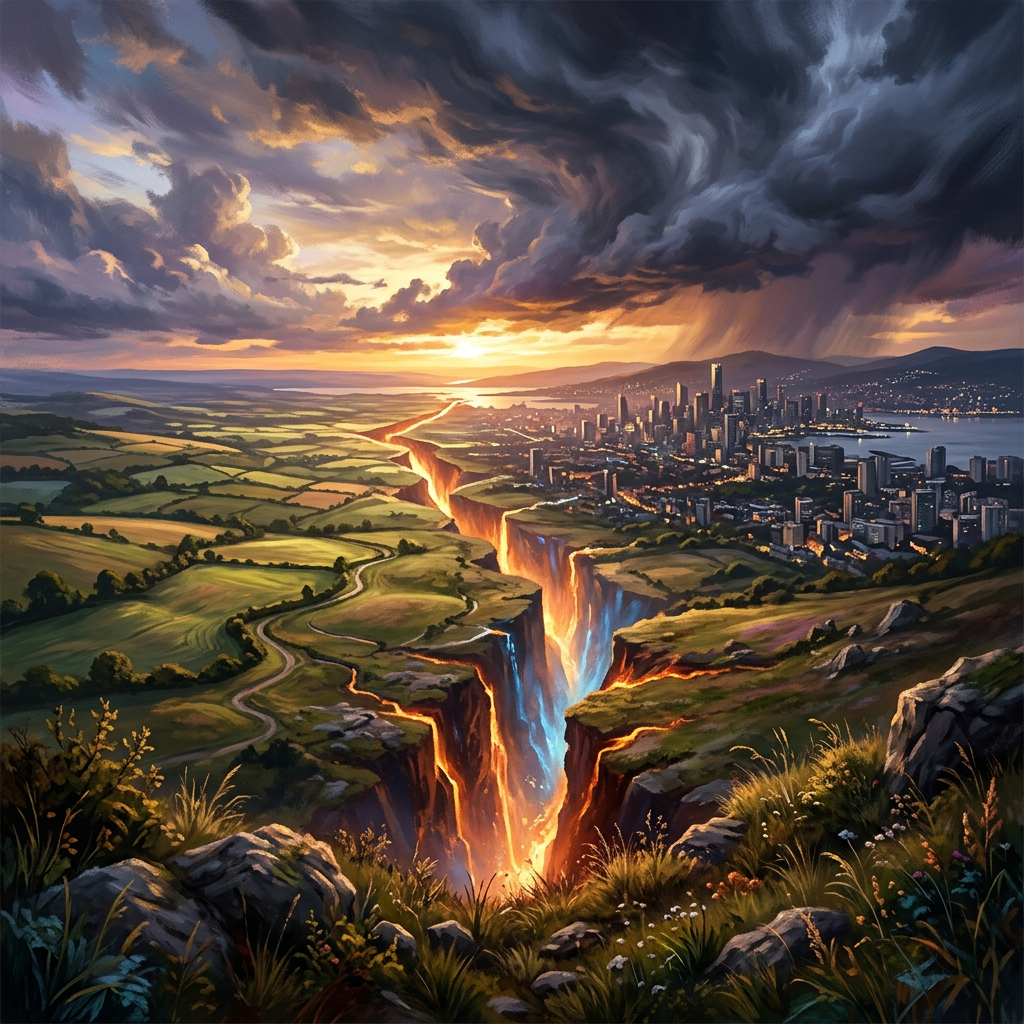 Glowing fissure splitting green fields near city at sunset with storm clouds