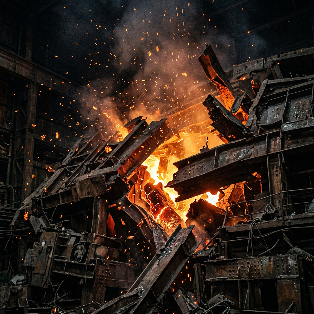 Molten metal and sparks in a furnace during metal melting