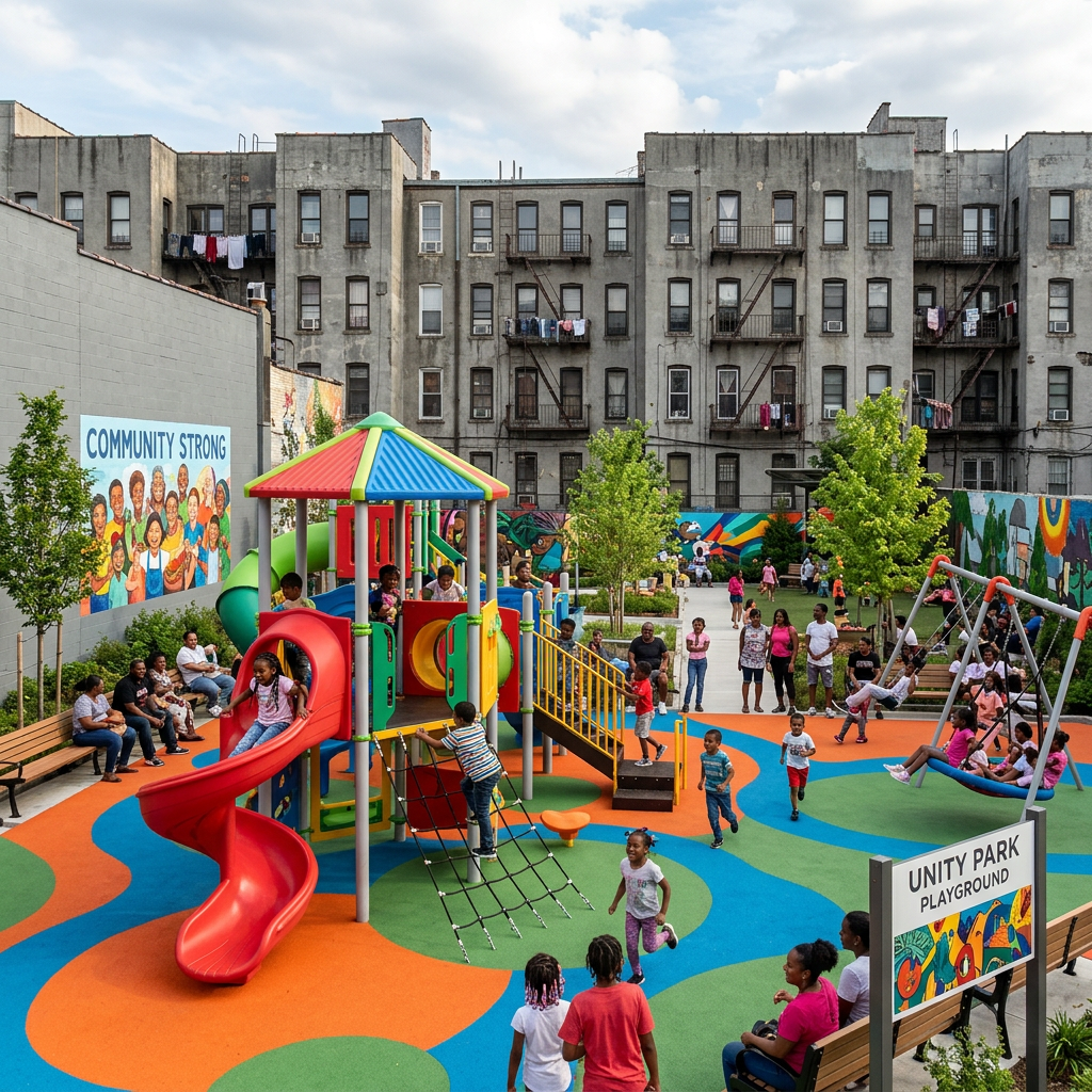 Children playing on colorful playground equipment at Unity Park Playground with families and mural