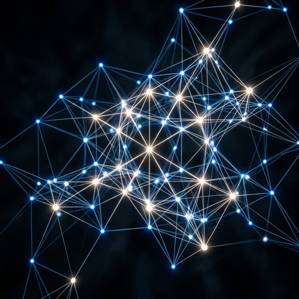 Glowing interconnected nodes forming a network of lines and points