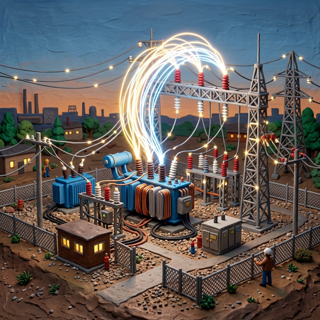 Electrical substation with power arcs connecting transformers and transmission towers