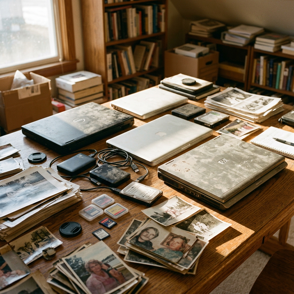 Old laptops, numerous printed photographs, memory cards, and storage devices arranged on a wooden table in a room with bookshelves