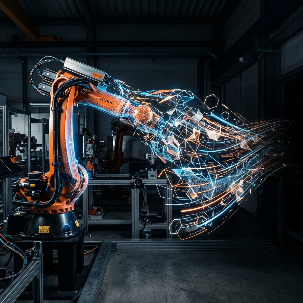 Orange industrial robotic arm with digital data lines and hexagons overlay