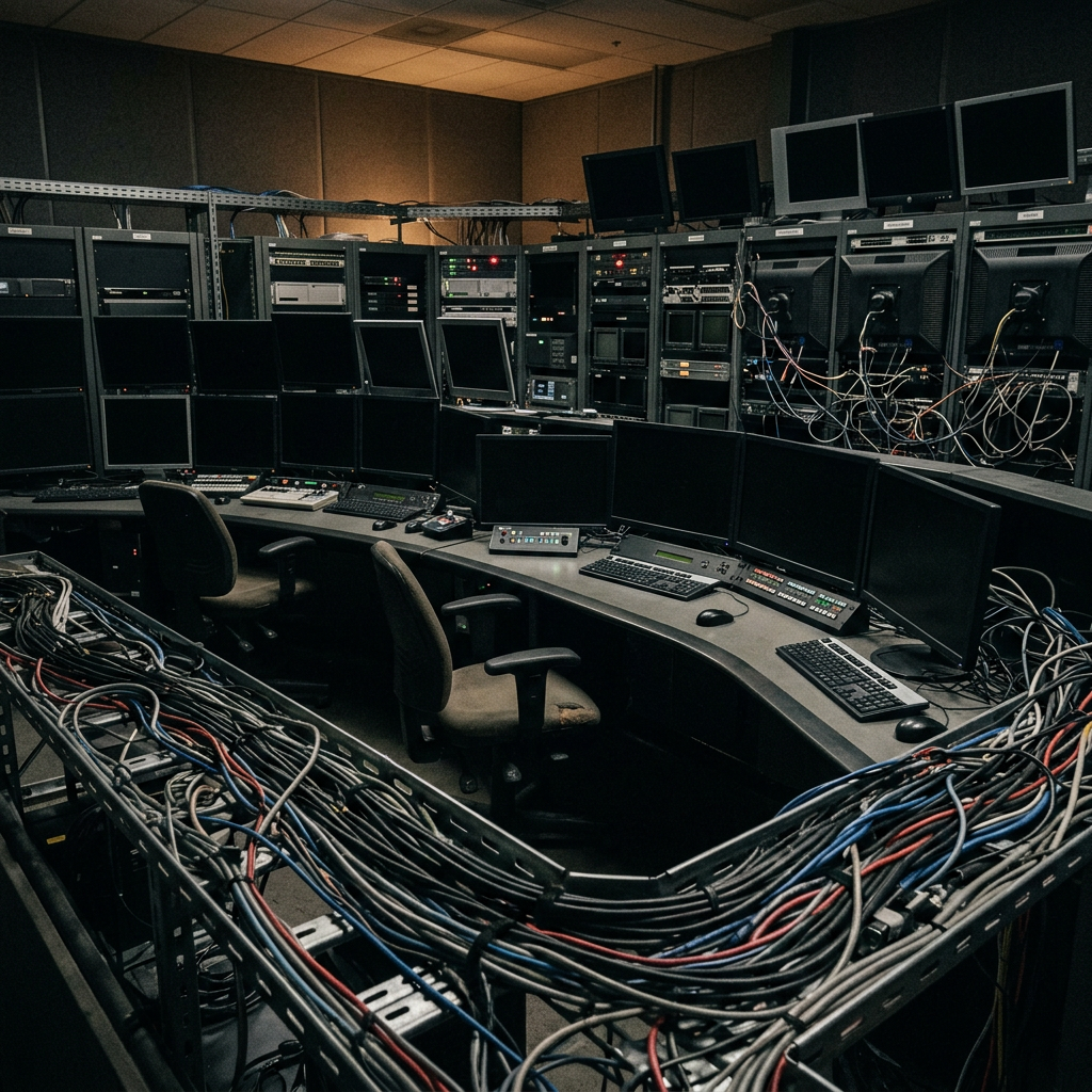 Broadcast control room with numerous monitors, control panels, and cables