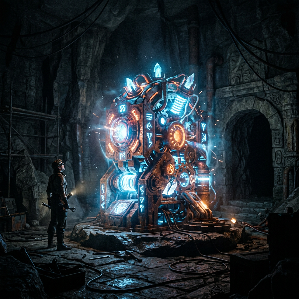 Man with flashlight standing near glowing mechanical device covered in blue runes inside stone cave