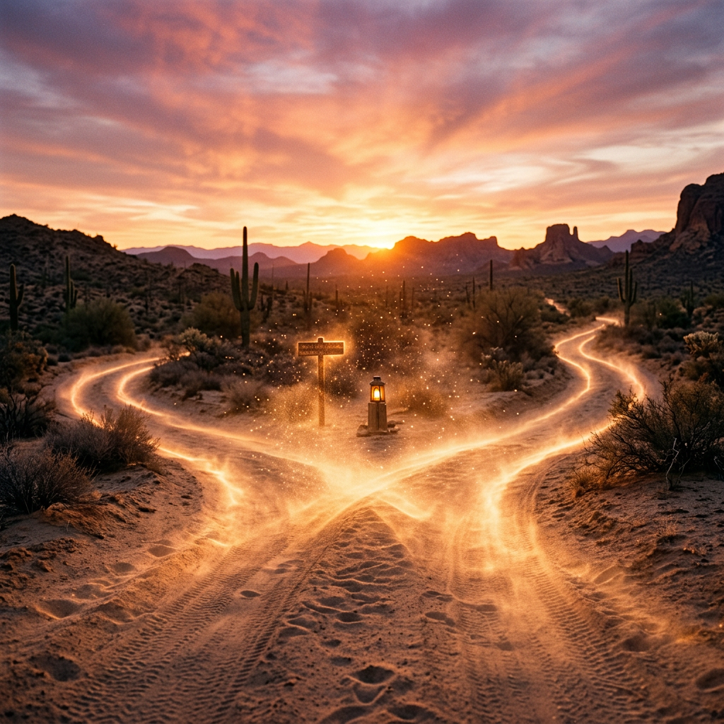 Desert crossroads at sunset with glowing lantern and dust trails