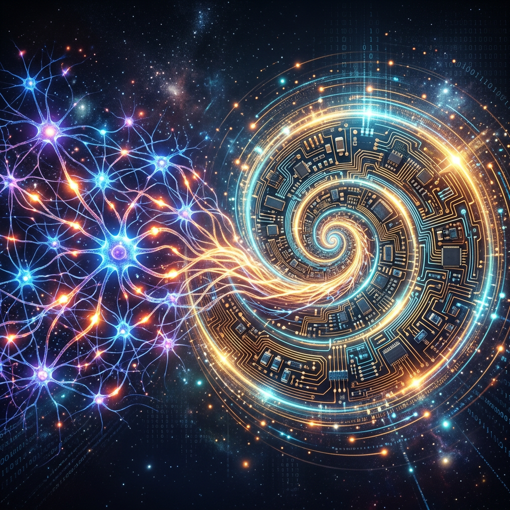 Neural network cells connecting to a glowing spiral circuit board
