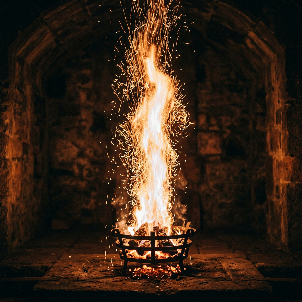 Bright flames and sparks from a fire burning in a metal fire pit within a stone hearth