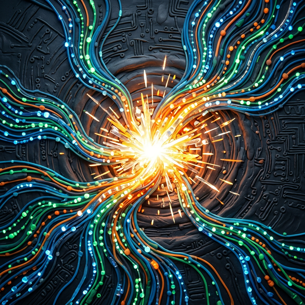 Bright central explosion with colorful digital data streams spreading outward