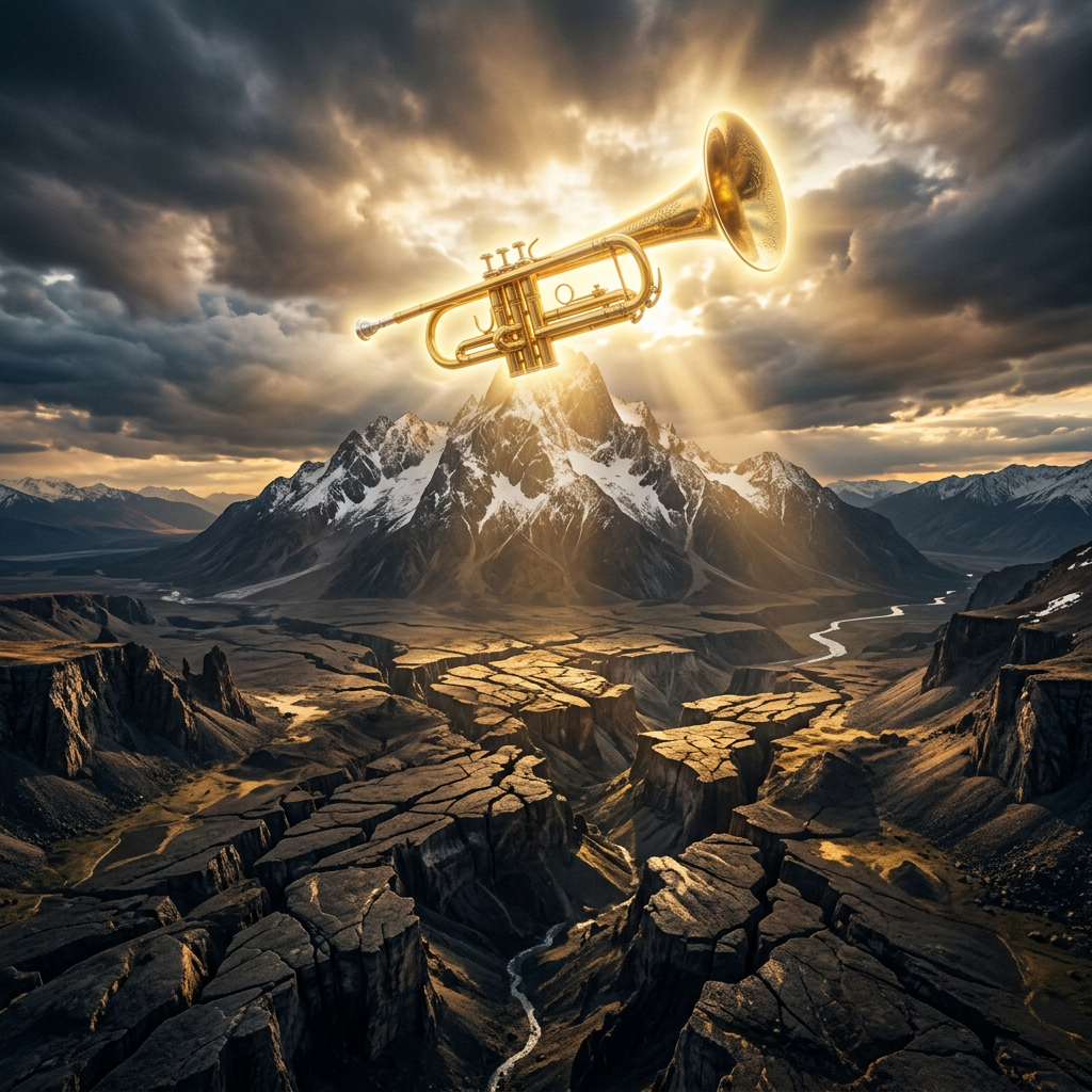 A glowing golden trumpet hovering over a snow-capped mountain with dramatic clouds and sun rays