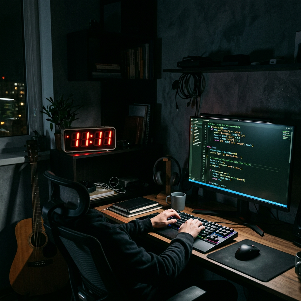 Person typing on keyboard programming code on computer screen at 11:11 PM