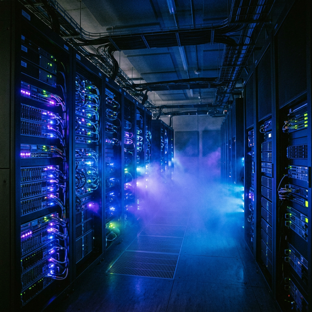 Rows of server racks with glowing blue and purple lights in a data center hallway
