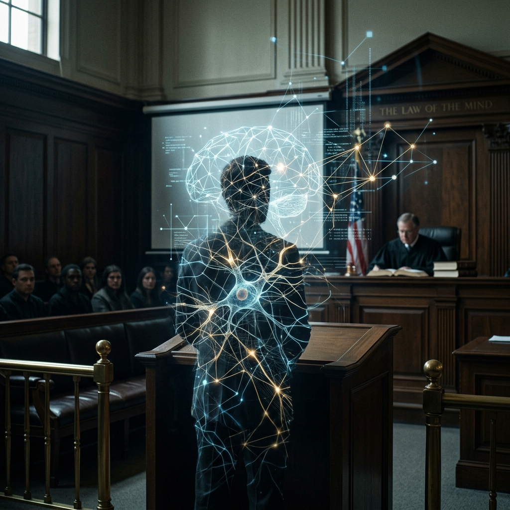 Person standing at courtroom podium with digital brain network overlay