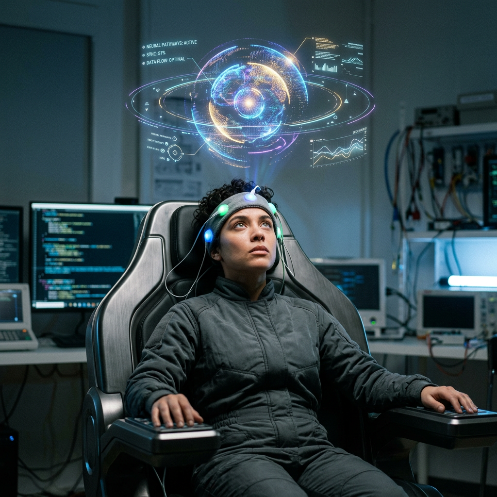Woman wearing a neural headband with holographic brain data projected above