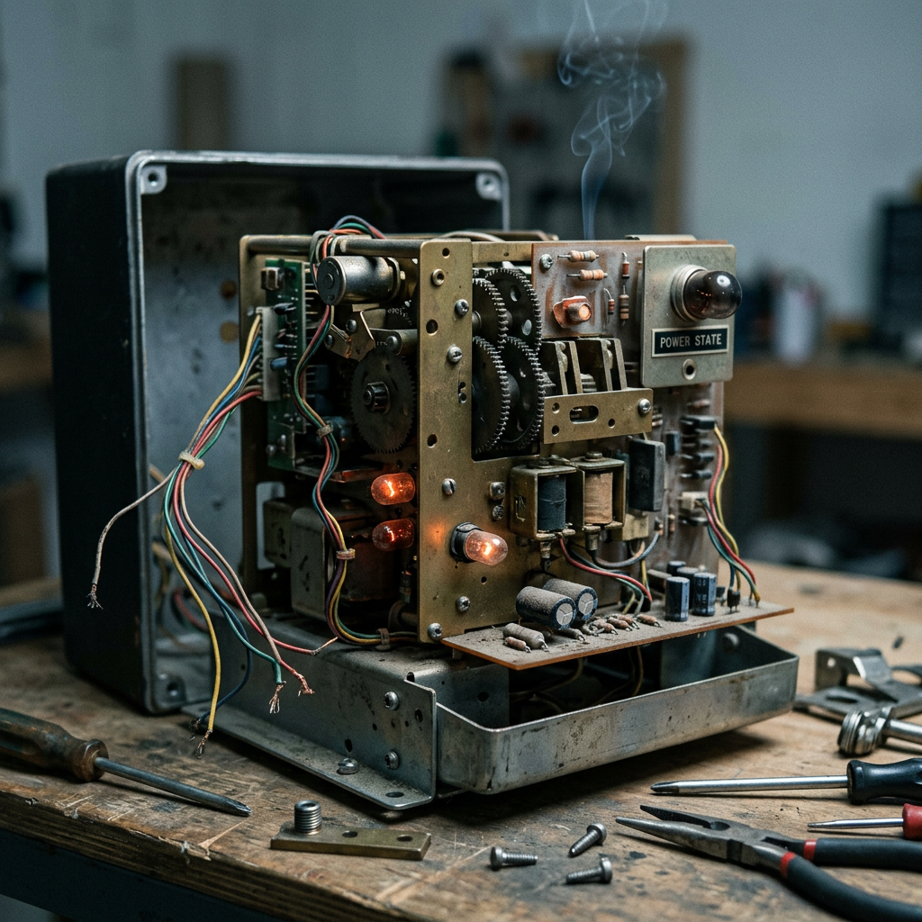Exposed vintage electronic circuit board with wires, gears, and lit bulbs