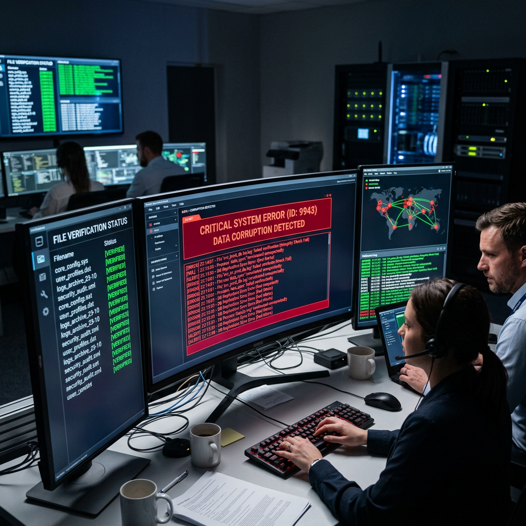 IT staff monitoring critical system error and file verification status on multiple screens