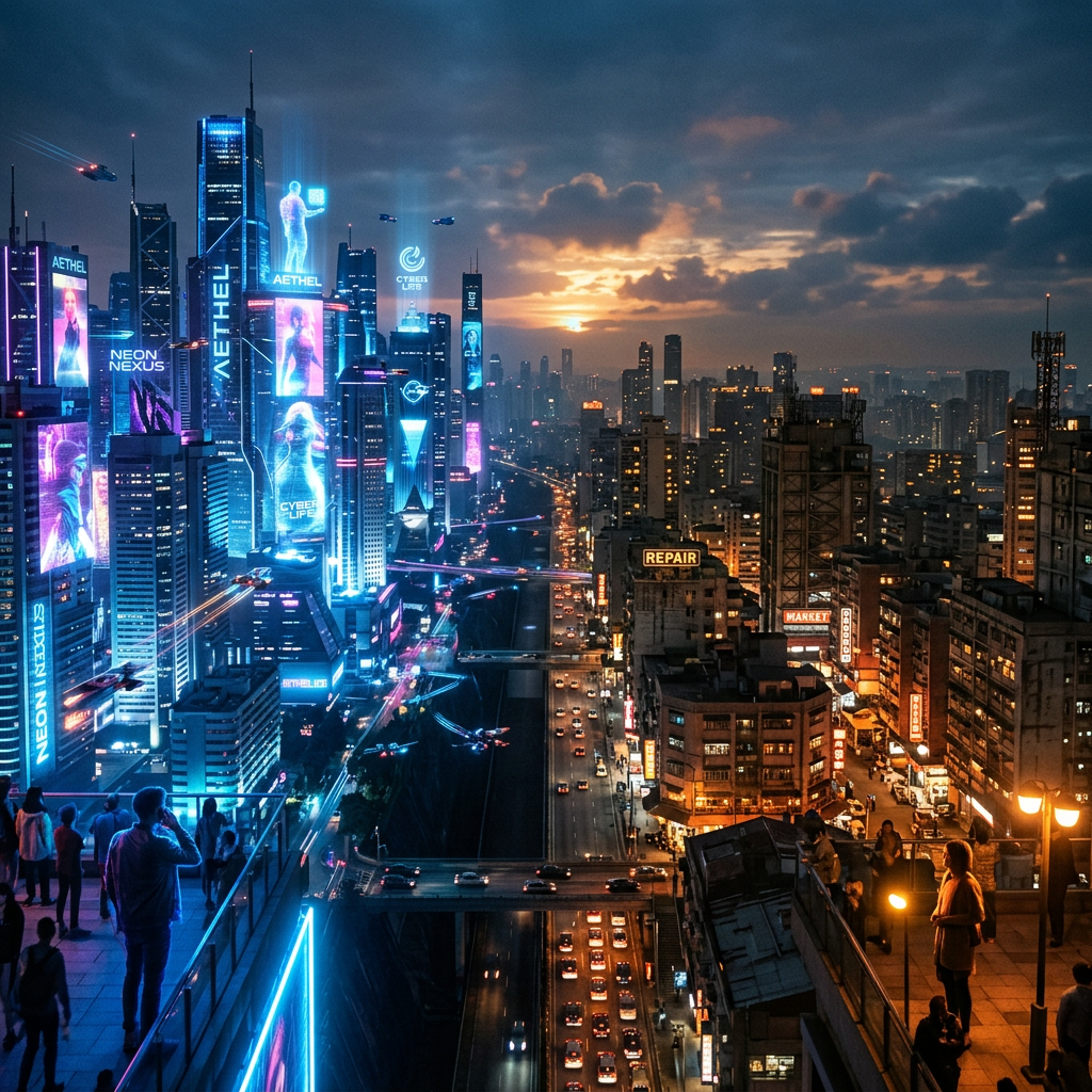A futuristic city skyline with neon-lit skyscrapers and busy highways during sunset