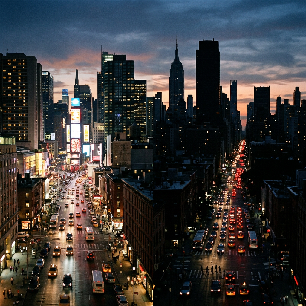 Busy New York City street with heavy traffic and illuminated billboards at sunset