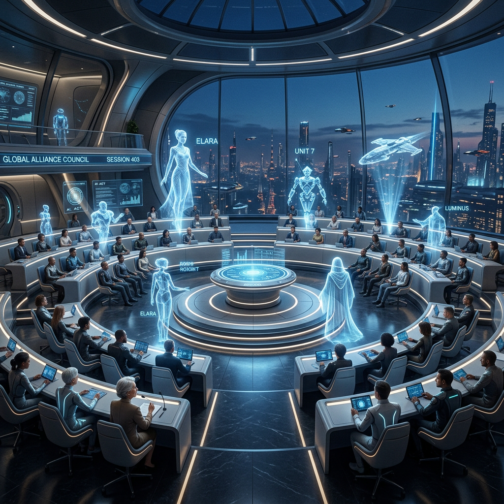 Futuristic council meeting room with holographic figures and city skyline at dusk