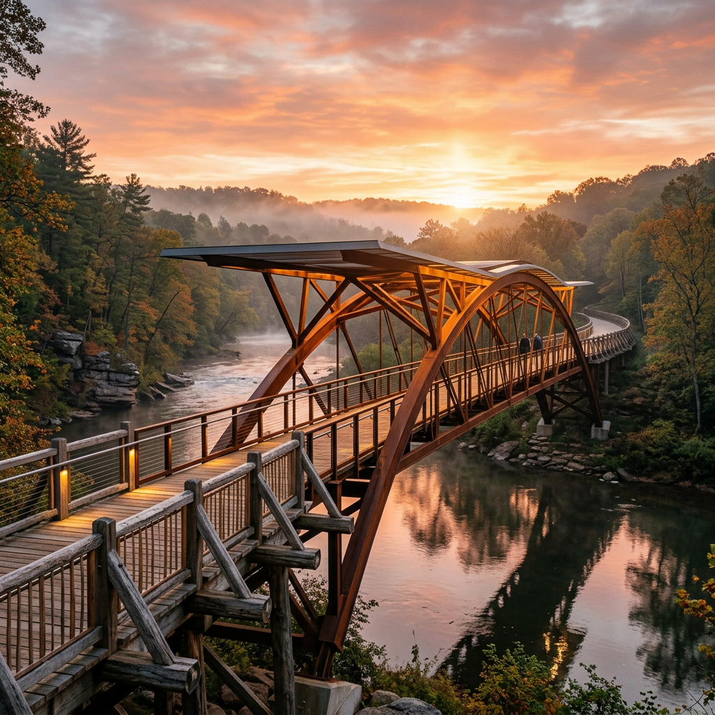 Wooden pedestrian bridge with metal arches over river at sunrise surrounded by trees