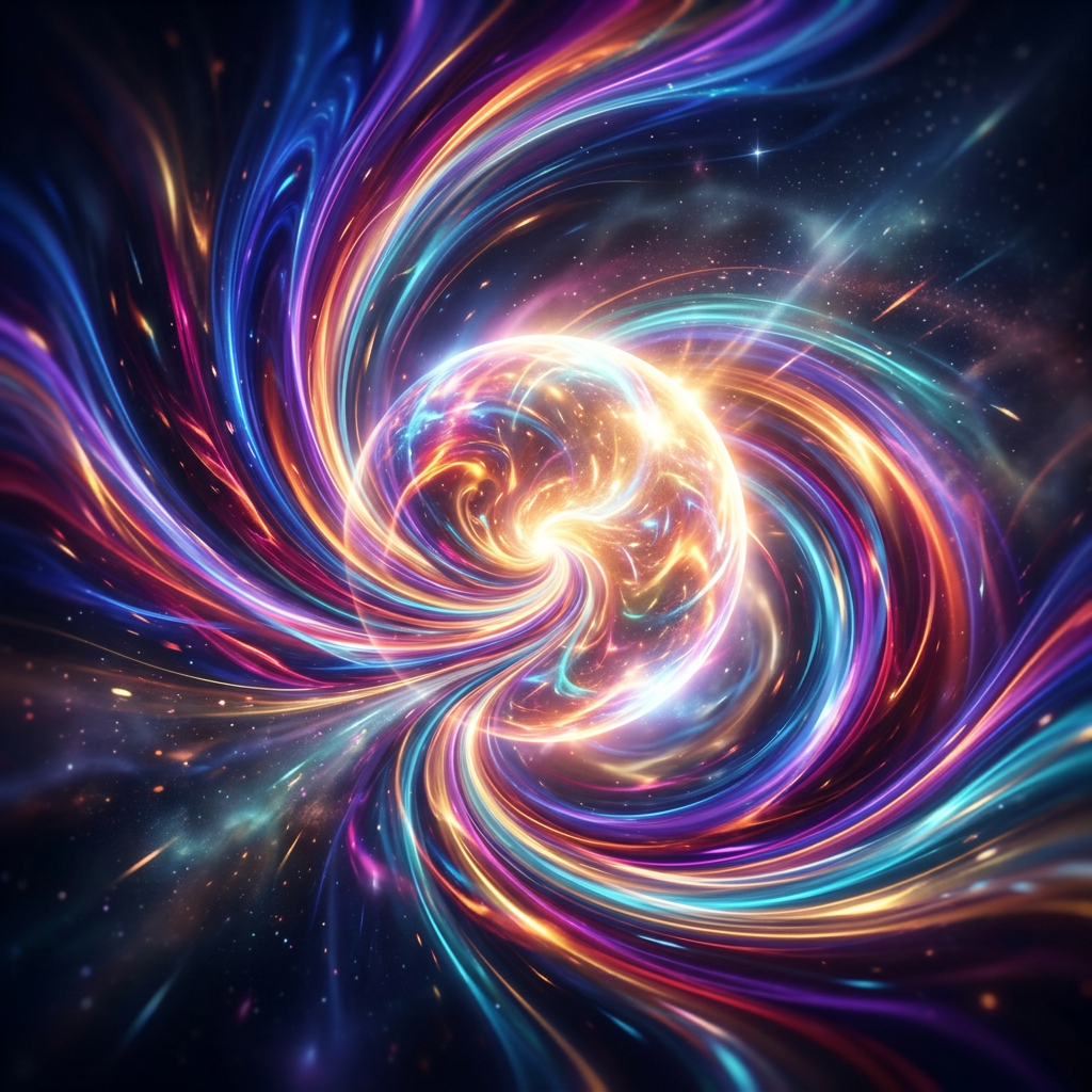 Colorful swirling cosmic vortex with a glowing central core