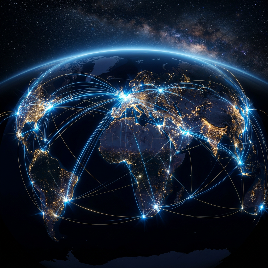 Earth at night with illuminated cities and glowing lines representing global network connections
