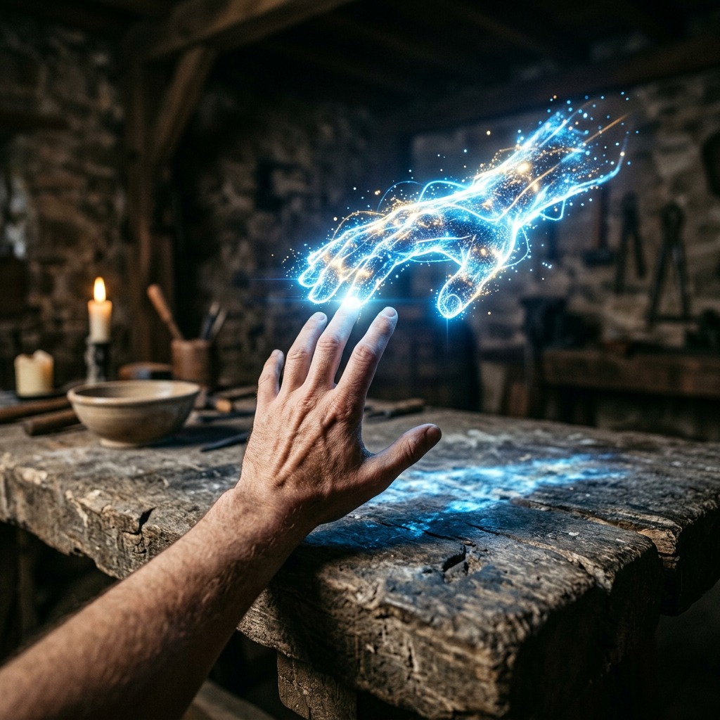 Human hand reaching out to a glowing blue digital hand made of light particles