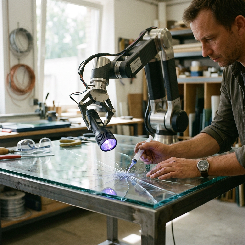 Technician repairing cracked glass with syringe while robotic arm holds light source
