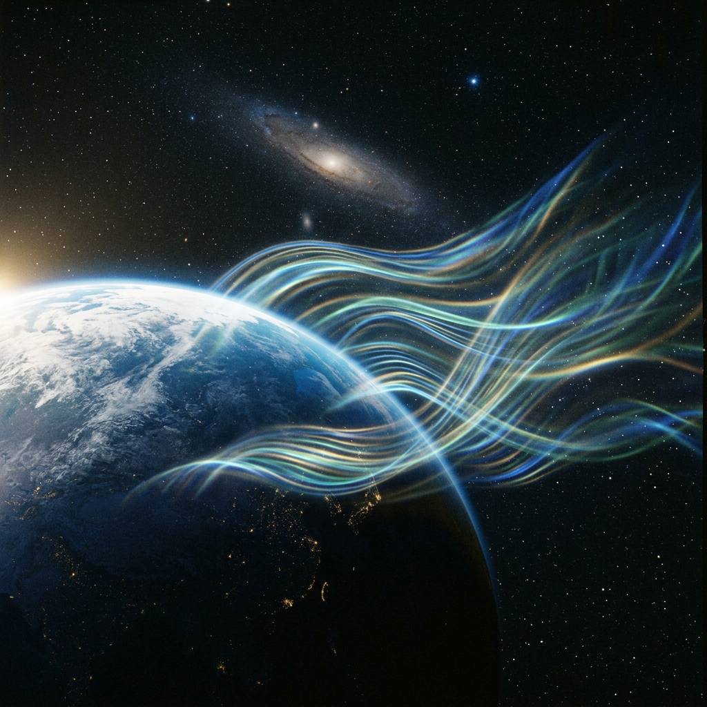 Earth with colorful flowing energy streams extending into space beneath a distant galaxy
